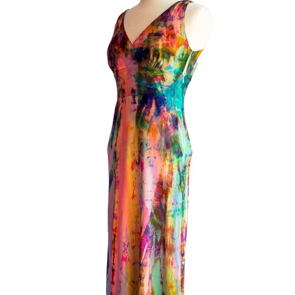 NEW silk maxi dress tie dyed orange yellow small 4 6 african batik rainbow beach - Picture 4 of 6